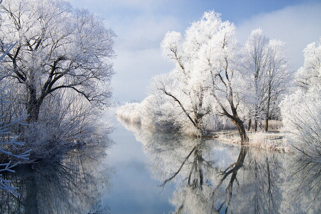 Winter scenery with Loisach River, Upper Bavaria, Germany