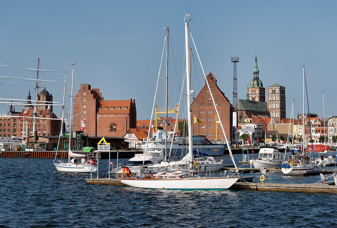 Boats at marina in front of St. Jakobi church and St. Nicholas' church, Hanseatic Town Stralsund, Mecklenburg-Western Pomerania, Germany, Europe