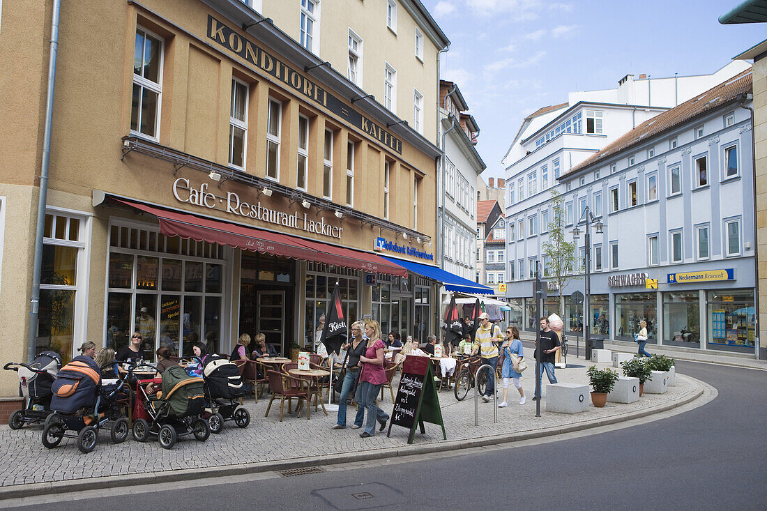 Outdoor seating at Cafe Restaurant Lackner, Eisenach, Thuringia, Germany, Europe