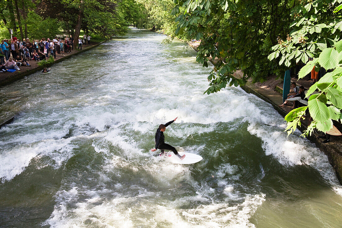 Eisbach surfer, English Garden, Isar Cycle Route, Munich, Upper Bavaria, Germany