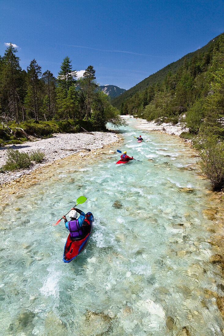 Kayaking on upper reaches of Isar river, Hinterau valley, Karwendel range, Tyrol, Austria