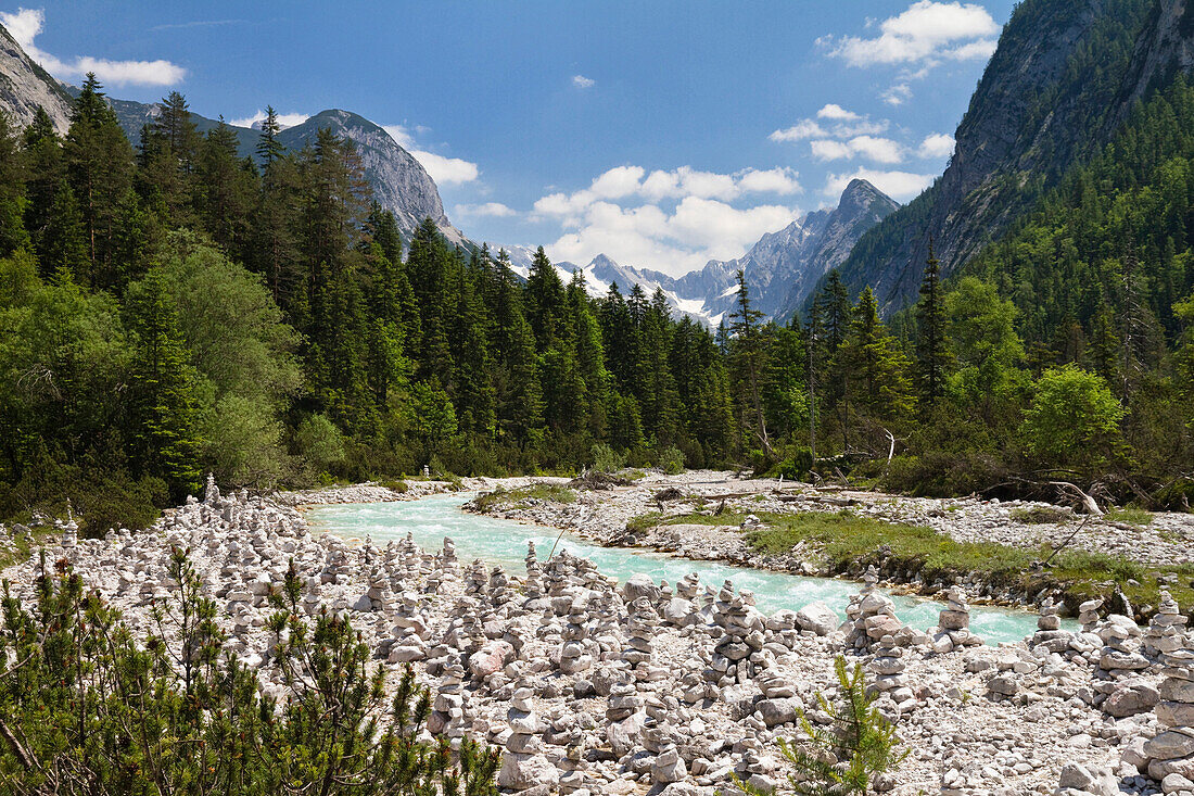 Isar river, Hinterau valley, Isar Cycle Route, Karwendel range, Tyrol, Austria
