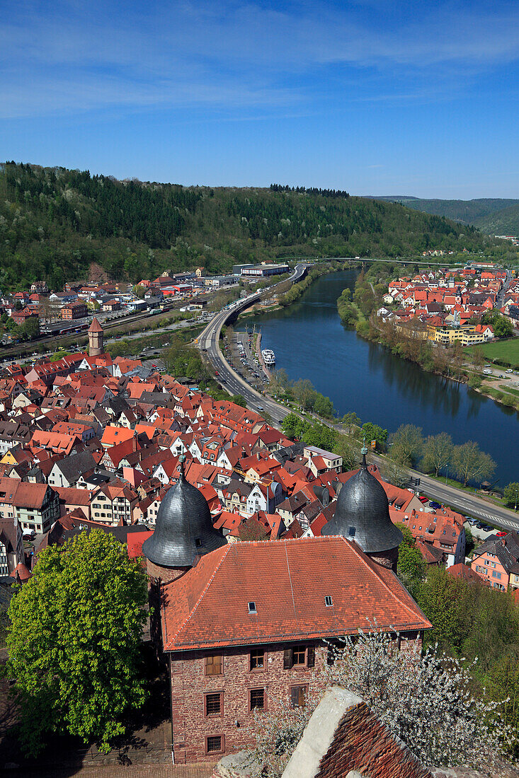 View from the castle over the Old Town and the Main river, Wertheim, Main river, Odenwald, Spessart, Baden-Württemberg, Germany