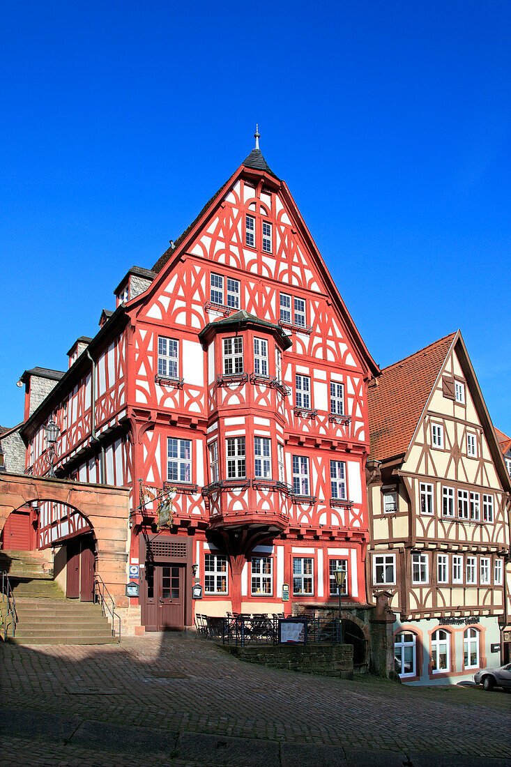 Schnatterloch, half-timbered houses at the market place, Miltenberg, Main river, Odenwald, Spessart, Franconia, Bavaria, Germany