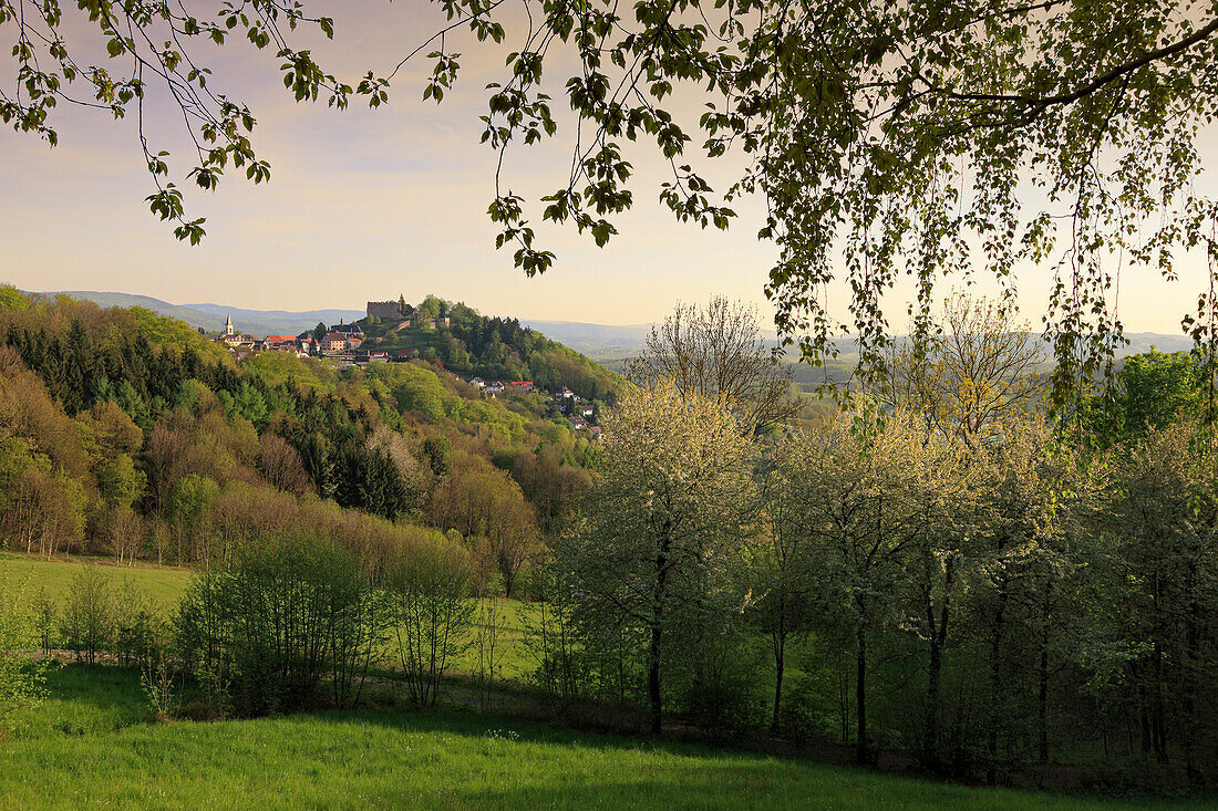 View over cherry blossom to Lindenfels, Odenwald, Hesse, Germany