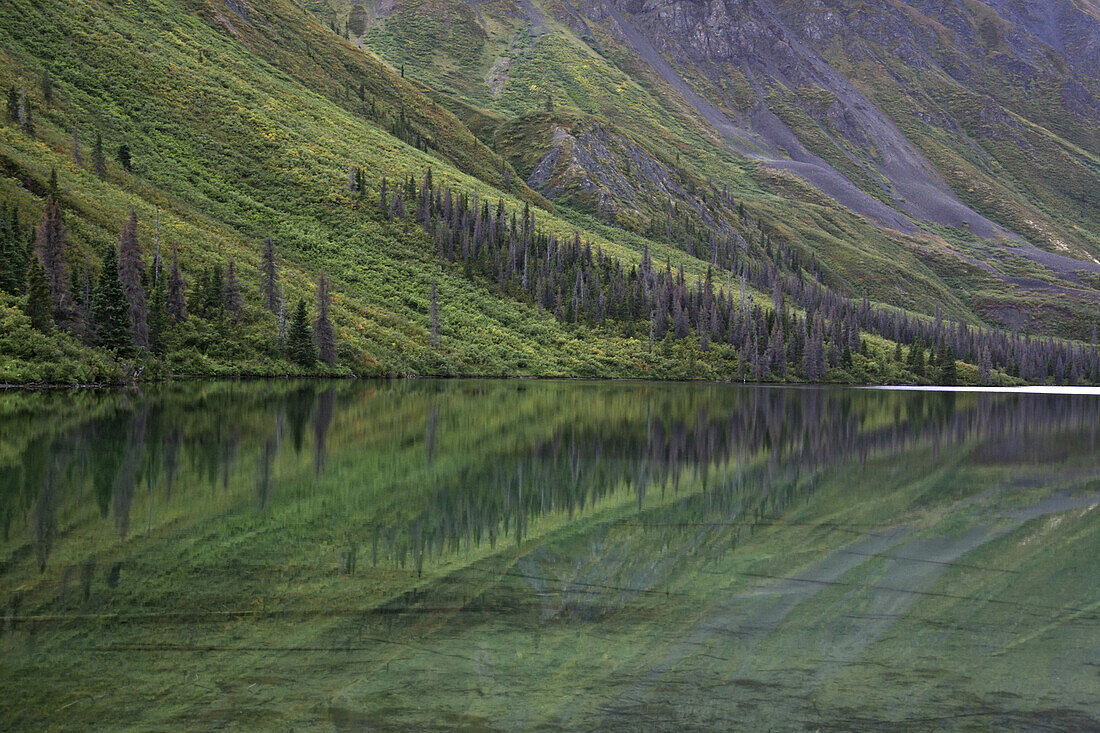 Reflection of landscape on water surface of St. Elias Lake, Kluane National Park and Reserve, Yukon Territory, Canada