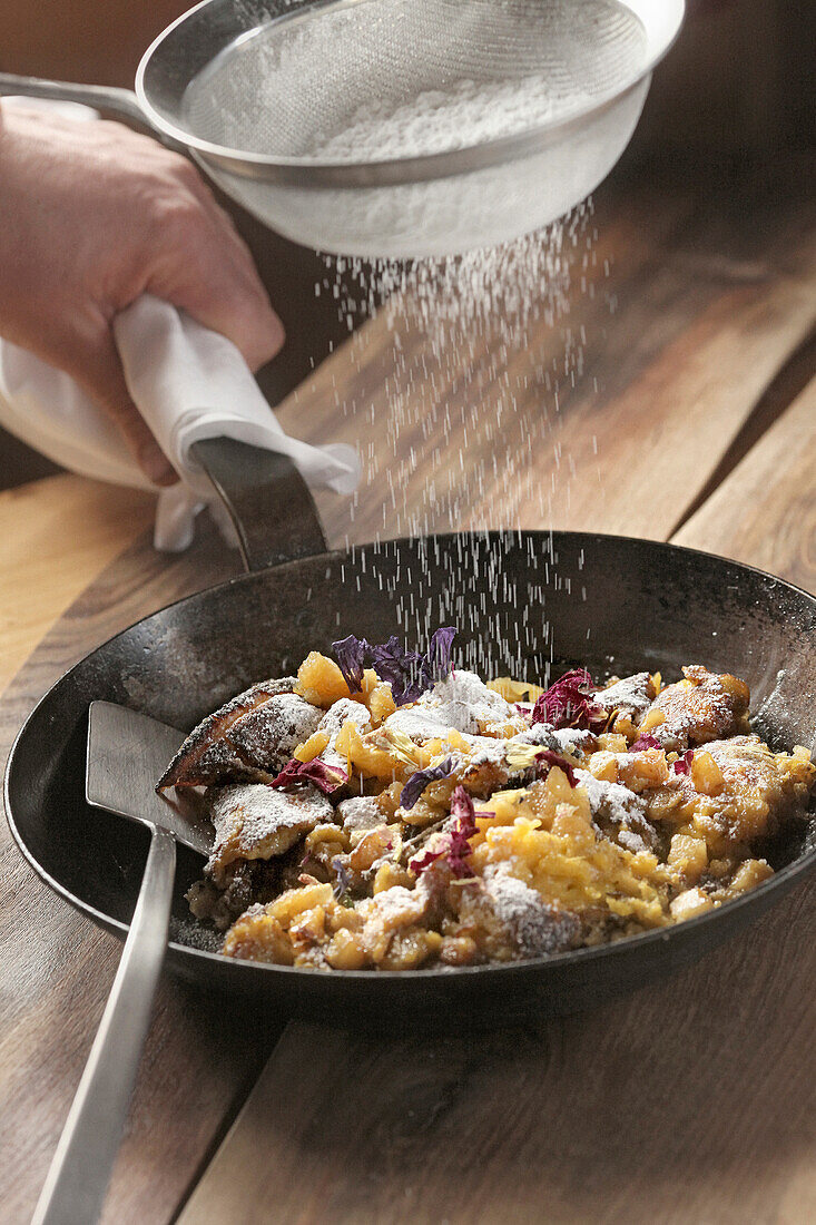 Kaiserschmarrn with apples and honey, Alpe di Siusi, Eisack Valley, Trentino-Alto Adige/Südtirol, Italy