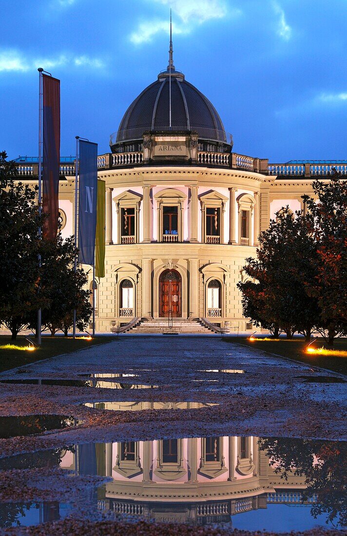 Nighshot of the Ariana Museum, Swiss Museum of Ceramics and Glass, Headquarters of the International Academy of Ceramics, Geneva, Switzerland