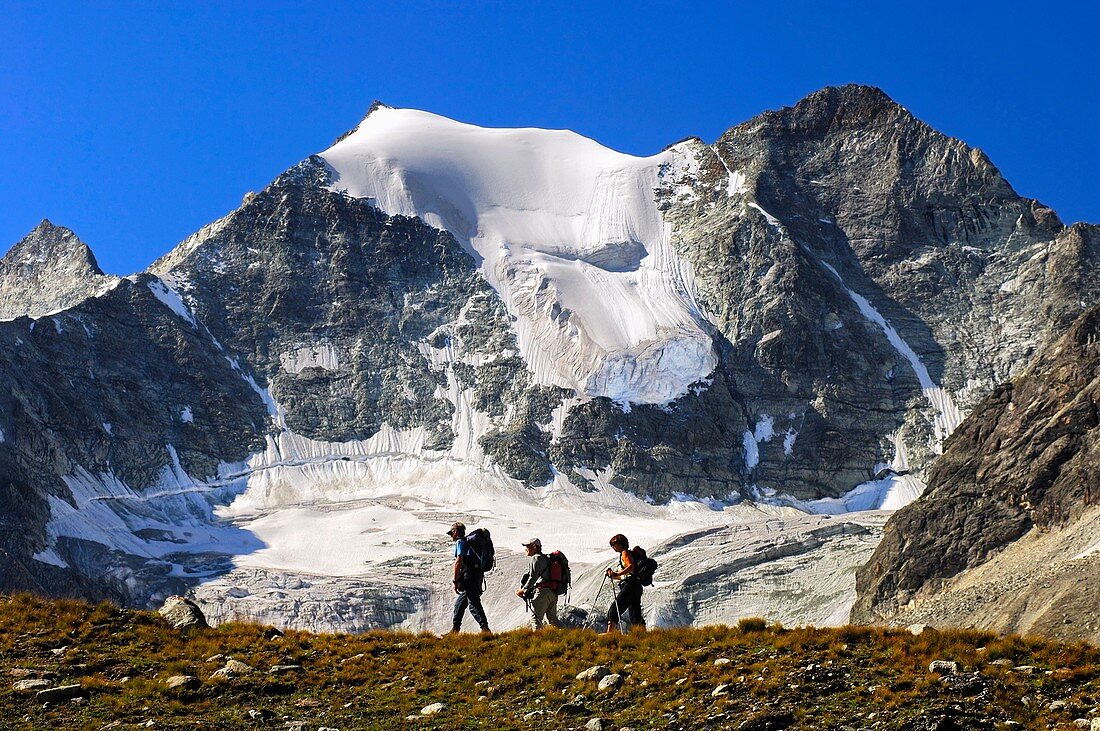 Hikers on the way to the Moiry hut passing Mt Pointes de Mourti, Pennine Alps, Valais, Switzerland