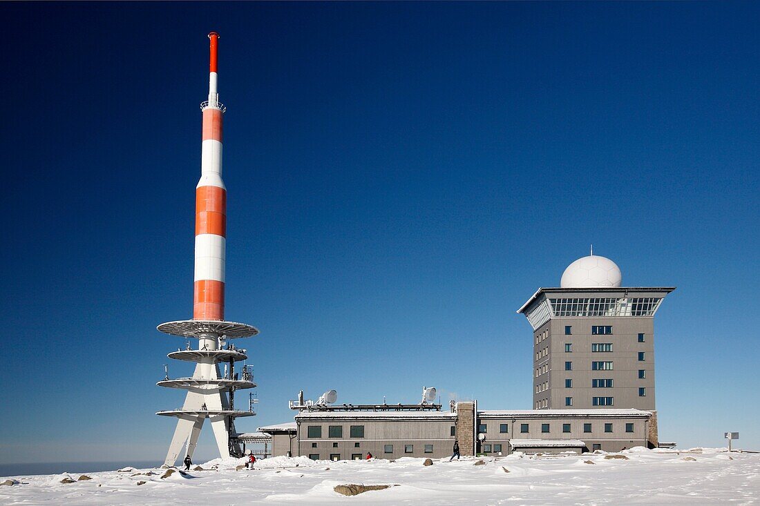 Transmission Mast, and weather station in winter, Brocken mountain, Hochharz National Park, Sachsen-Anhalt, Germany