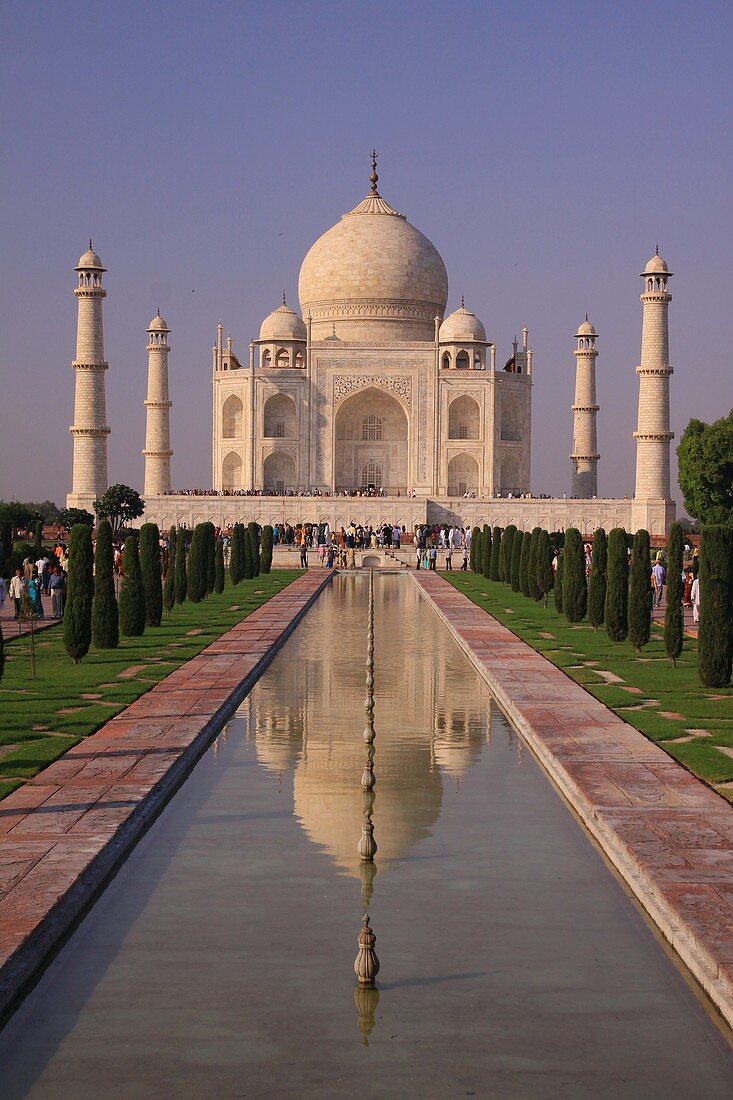 The Taj Mahal reflected in the fountain pool in Agra, India, a World Heritage Site