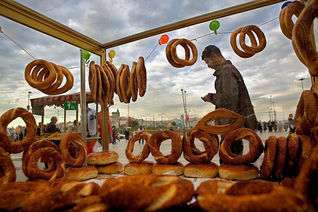 stall of simit bread in Eminonu square, Istanbul, Turkey