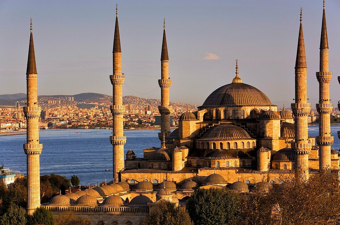 Mosque Sultan Ahmet  Blue Mosque and Bosphorus strait, in background Asian side  Istanbul  Turkey