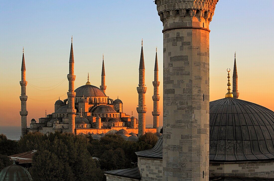 Mosque Sultan Ahmet Blue Mosque  At right Dome and minaret of Firuz Aga Mosque  Istanbul  Turkey