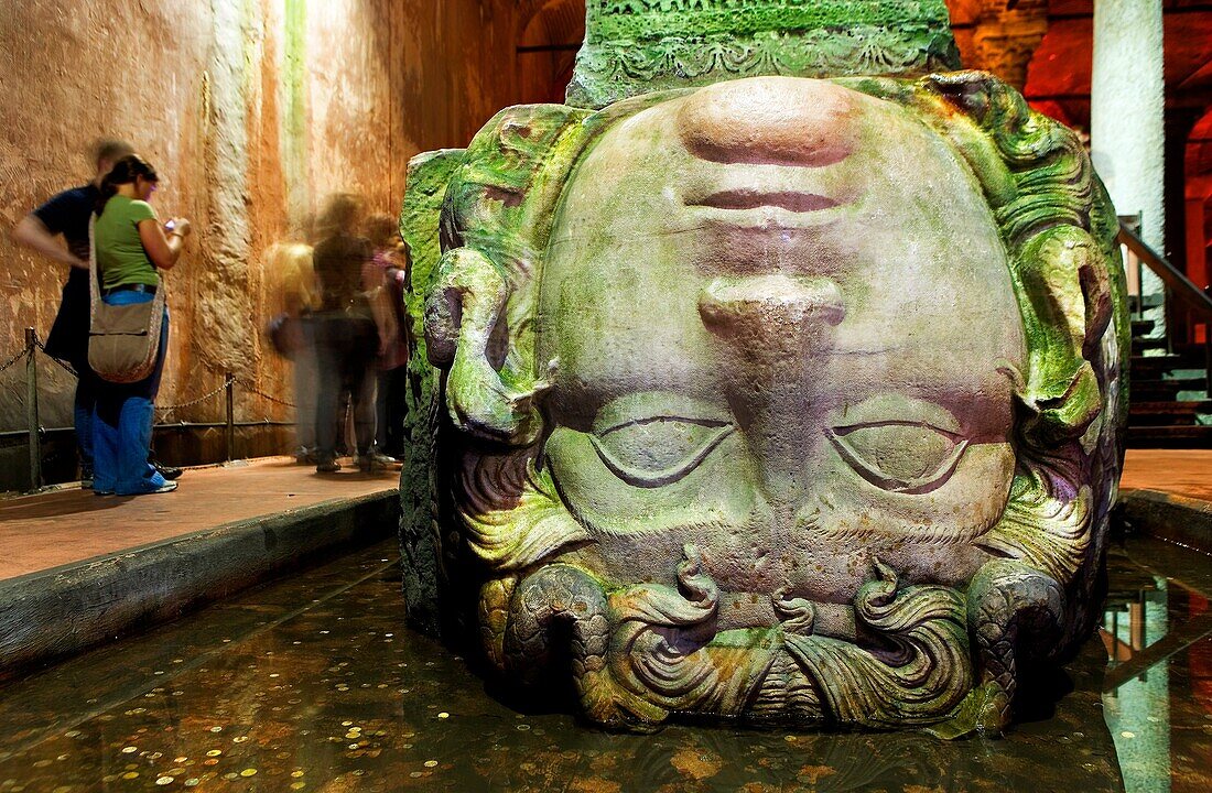 Yerebatan Cistern Museum  Medusa head  Byzantine cisterns, was built by Justinian in 532AD  It is supported by 336 columns and once held over 80,000 cubic metres of water  Istanbul  Turkey