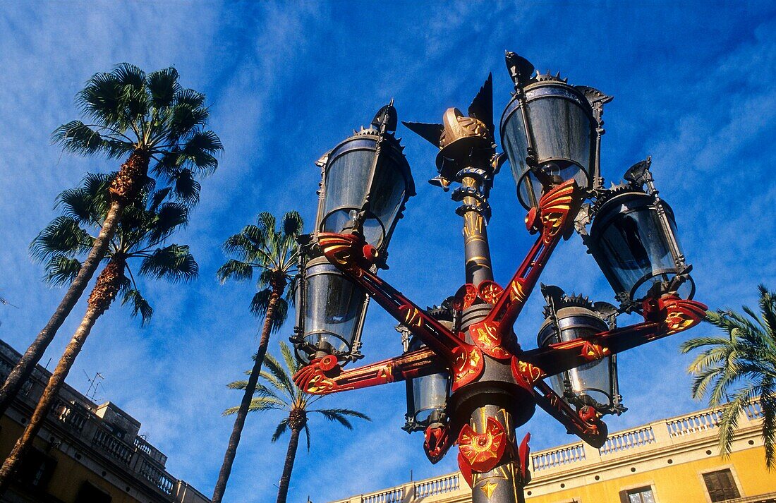Barcelona: Streetlight  By Antoni Gaudi, in plaça Real