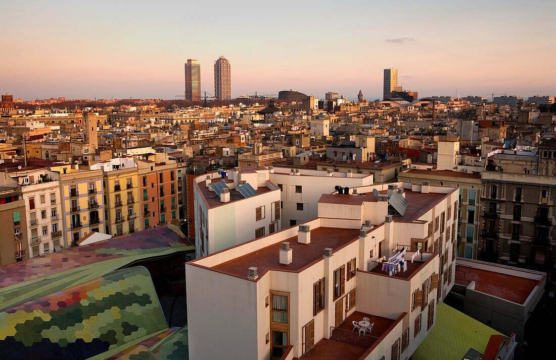 Barcelona: From left to right, Mapfre tower, Hotel Arts, Barcelona Biomedical Research Park building and Mare Nostrum tower  Down, at left, roof of Santa Caterina market