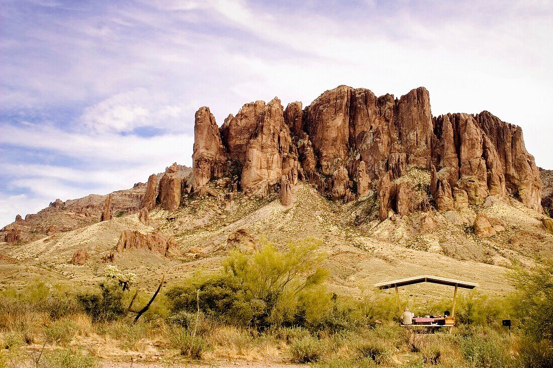 View of the Superstition Mountains from the picnic area  Superstition Mountains in Lost Dutchman State Park near Mesa, Arizona  The Superstition Wilderness area is managed by Tonto National Forest  Named by settlers after hearing Apache and Pima Indian lo