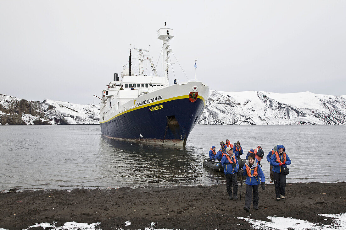 The Lindblad Expedition ship National Geographic Endeavour operating in Whalers Bay inside the caldera of Deception Island in the South Shetland Islands near the Antarctic peninsula in Antarctica  Lindblad Expeditions pioneered expedition travel for non-s