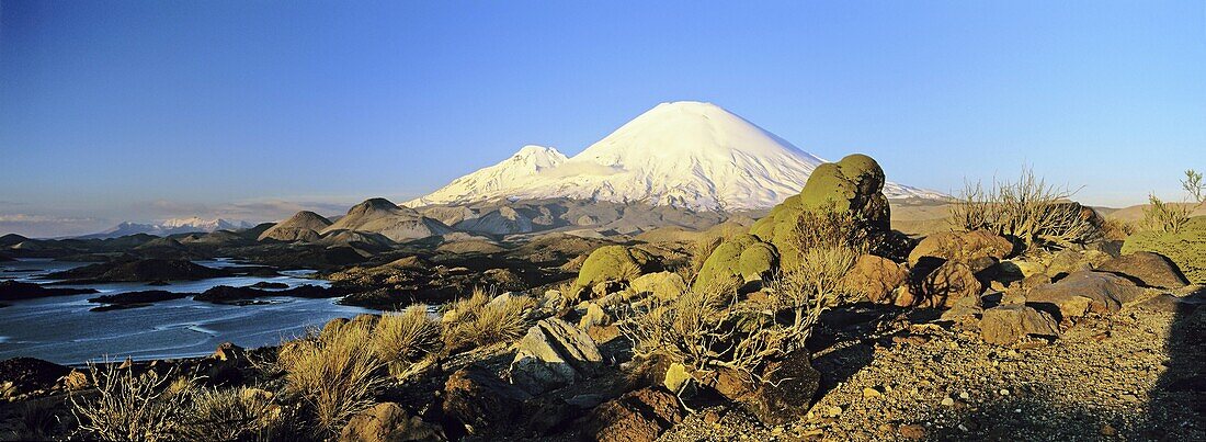 Vulcano Parinacota 6342m and Pomerape 6286m and the Lagunas de Cotacotani,Chile, are part of the Lauca National Park in the Altiplano of northern Chile  Lauca National Park is part of the Biosphere Reserve Lauca, The whole area is shaped by vulcanic proce