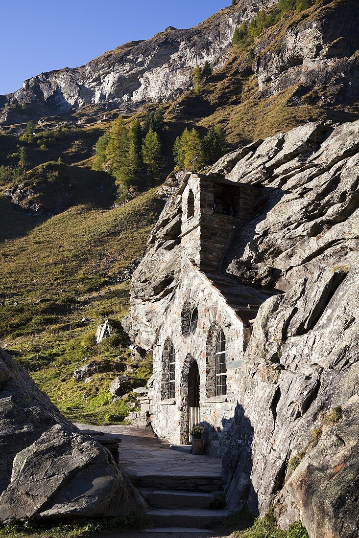 The Felsen Kapelle - Rock chapel, Gschloess valley, Tyrol, National Park Hohe Tauern, exterior  Europe, Central europe, austria, East Tyrol, Oktober 2009