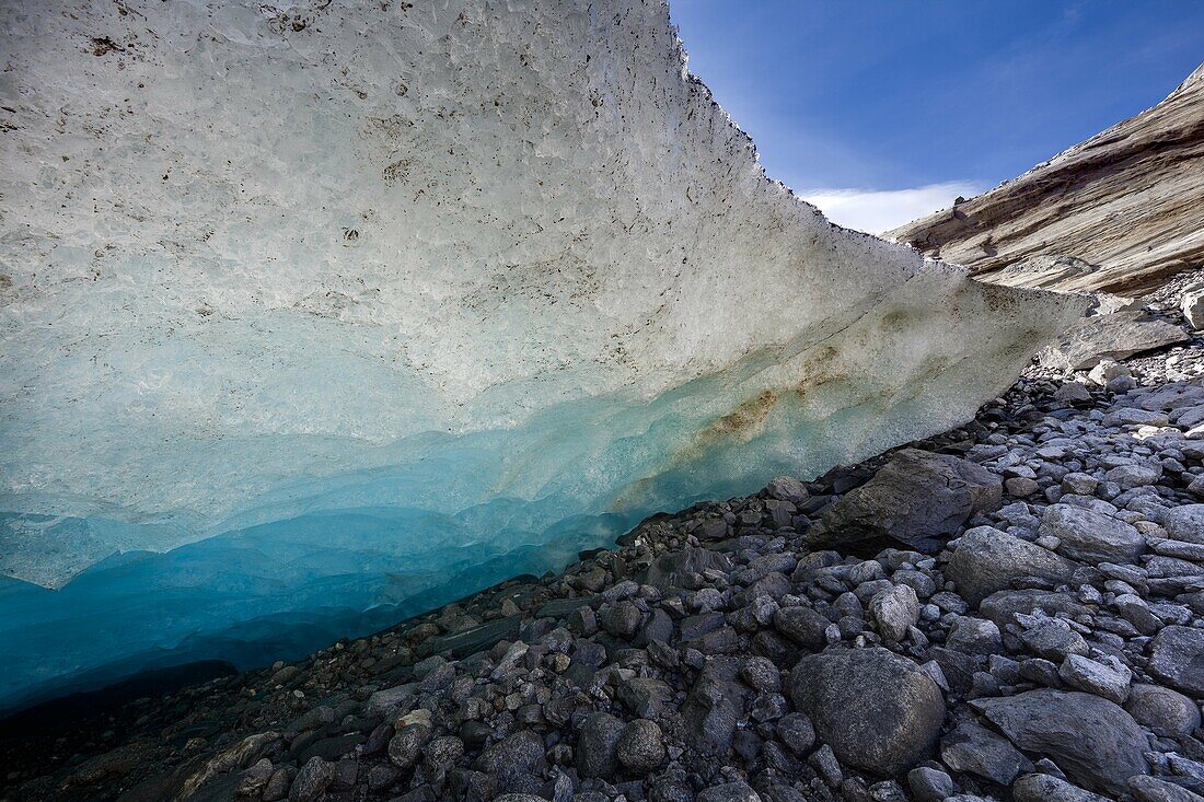 Glacier snout of Schlatenkees  The Schlatenkees is one of the biggest glaciers in Austria and retreating rapidly  contact zone of glacier and bedrock or moraine is visible  Europe, central europe, austria, East Tyrol, October 2009