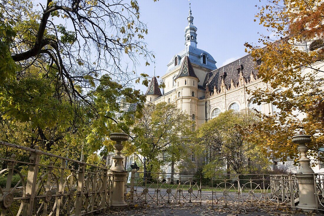 Vajdahunyad Castle in Budapest during fall  The Castle was finished in 1896 and is a blend of different architectural styles and epochs of Hungary  Architect and master-builder was Ignac Alpar  Big parts of the building have been buildt having the castle