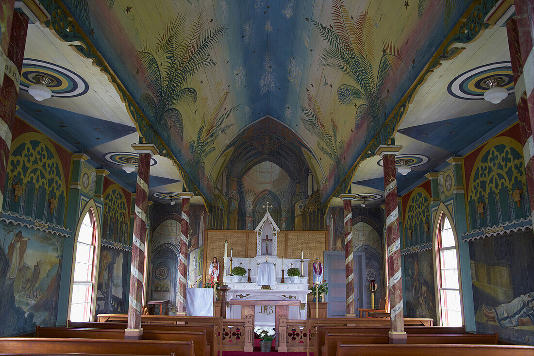 Interior view of St. Benedict's Painted Church, Honaunau, Big Island, Hawaii, USA, America