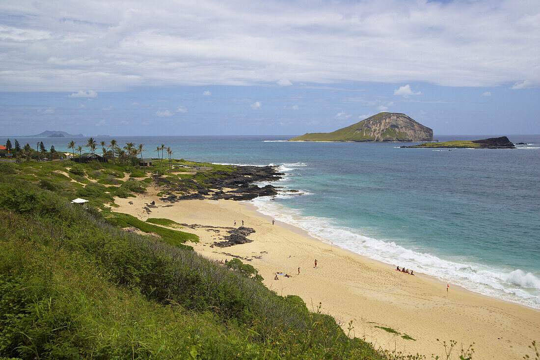 View at Makapu'u Beach under clouded sky, Oahu, Hawaii, USA, America