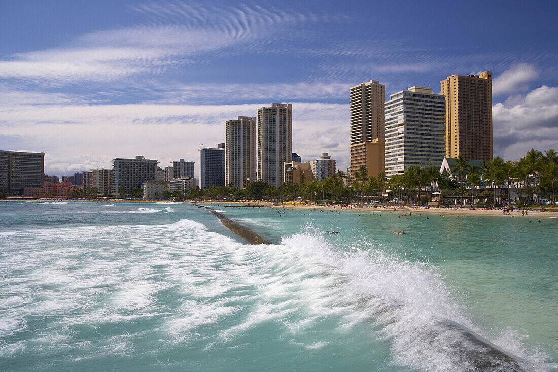 View at waves and hotels at the beach, Waikiki Beach, Honolulu, Oahu, Island, Hawaii, USA, America