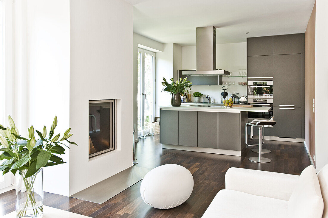 Modern living area with fireplace and kitchen, Hamburg, Germany