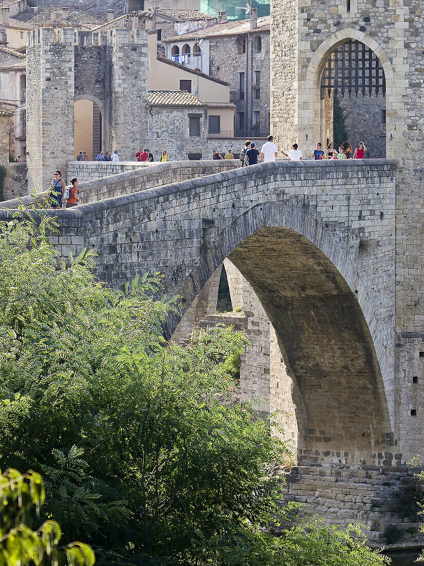 12th-century Romanesque bridge, Besalu. Garrotxa, Girona province, Catalonia, Spain