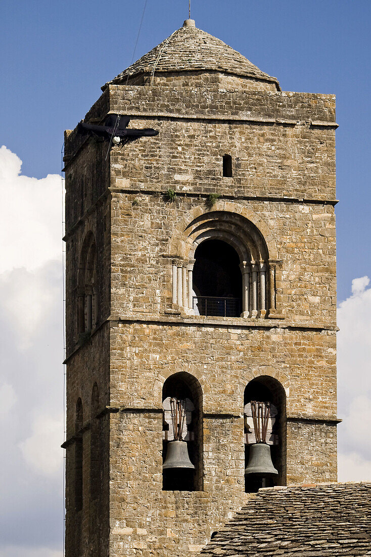 Bell tower of the Romanesque collegiate church of Santa Maria  12th century), Ainsa. Sobrarbe, Huesca province, Aragon, Spain