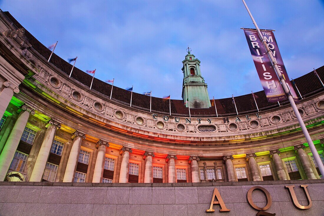 County Hall and the London Aquarium at twilight, London, England, UK