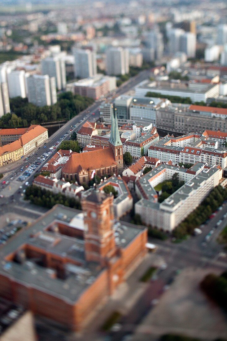 Aerial view from the TV Tower of the City Hall and Nikolaikirche focus on the Nikolaikirche, Berlin, Germany  Tilted lens used for a shallower depth of field and to create, combined with the aerial view, a miniaturization effect