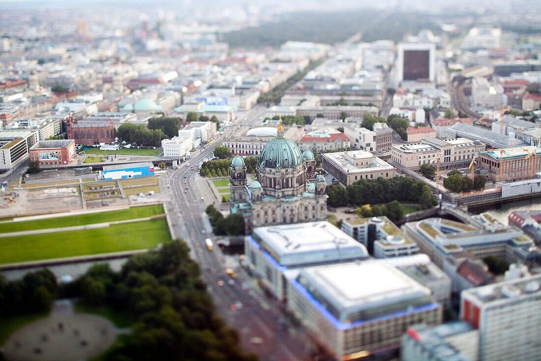 Aerial view of the Berliner Cathedral and Unter den Linden area from the TV Tower of Berlin, Germany  Tilted lens used for a shallower depth of field and to create, combined with the aerial view, a miniaturization effect