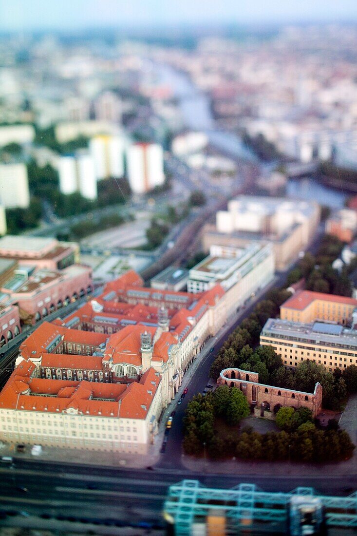 Aerial view from the TV Tower of Berlin Mitte, with the focus on the Franziskaner-Klosterkirche ruins and Littenstrasse, Germany  Tilted lens used for a shallower depth of field and to create, combined with the aerial view, a miniaturization effect