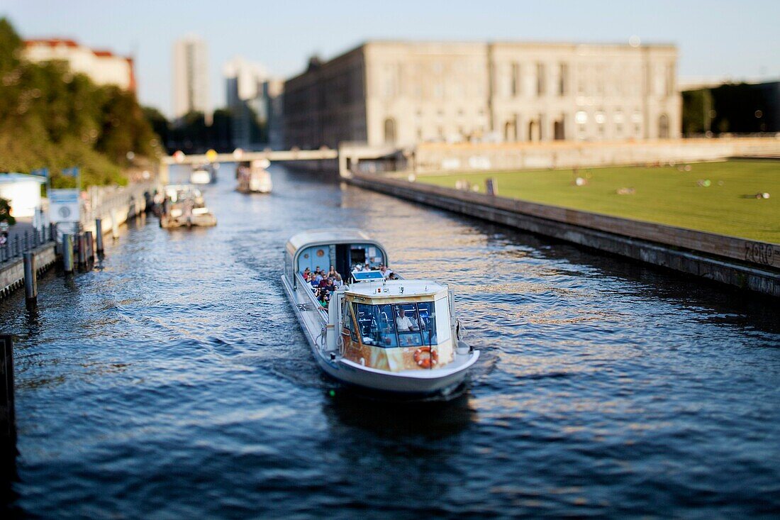 Boat on the Spree by Schlossplatz, Berlin, Germany  Tilted lens used for shallow depth of field