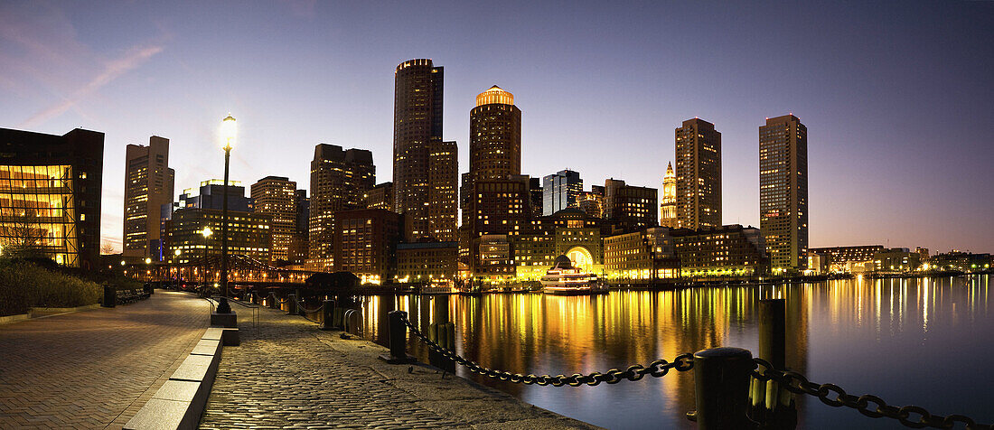 Panoramic view of the city of Boston at dusk from Fan Pier, Massachusetts, USA