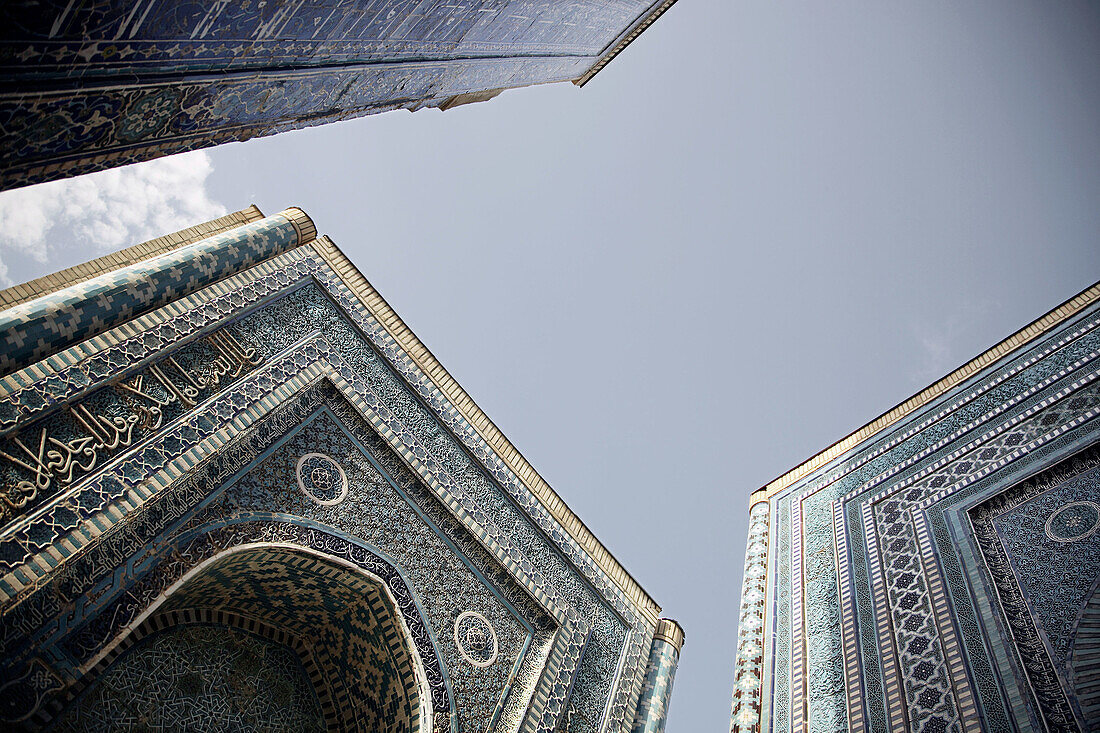 Architecture, Asia, Blue, Building, Buildings, Color, Colour, Daytime, exterior, From below, Funerary, Horizontal, Islamic architecture, Low angle, Low angle view, Mausoleum, Mausoleums, Necropoli, Necropolis, outdoor, outdoors, outside, Samarkand, Shah-i