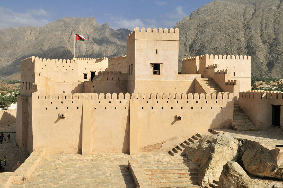 historic adobe fortification Nakhal, Nakhl Fort or Castle, Hajar al Gharbi Mountains, Batinah Region, Sultanate of Oman, Arabia, Middle East