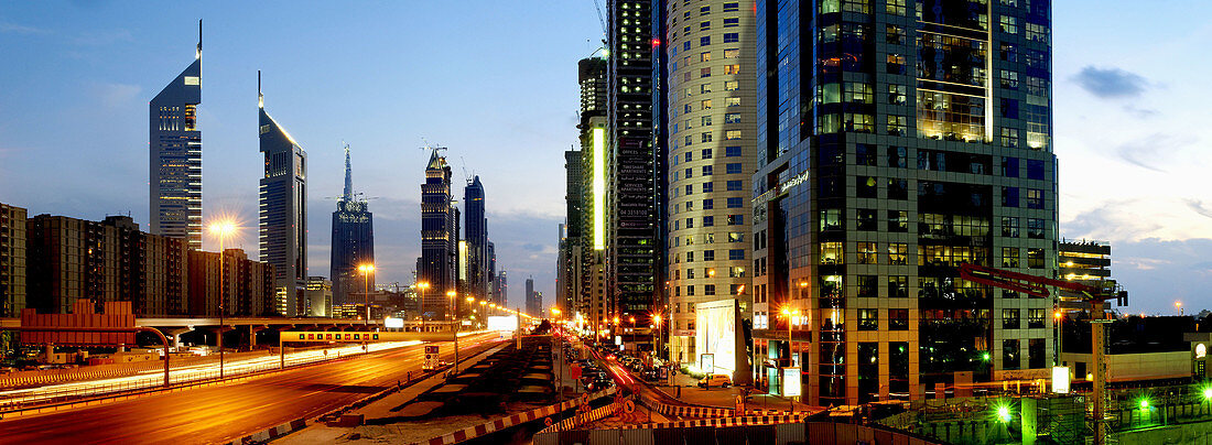 Skyscrapers, multistory buildings along Sheikh Zayed Road, Al Satwa, Emirate Dubai, United Arab Emirates, UAE, Arabia, Middle East, West Asia