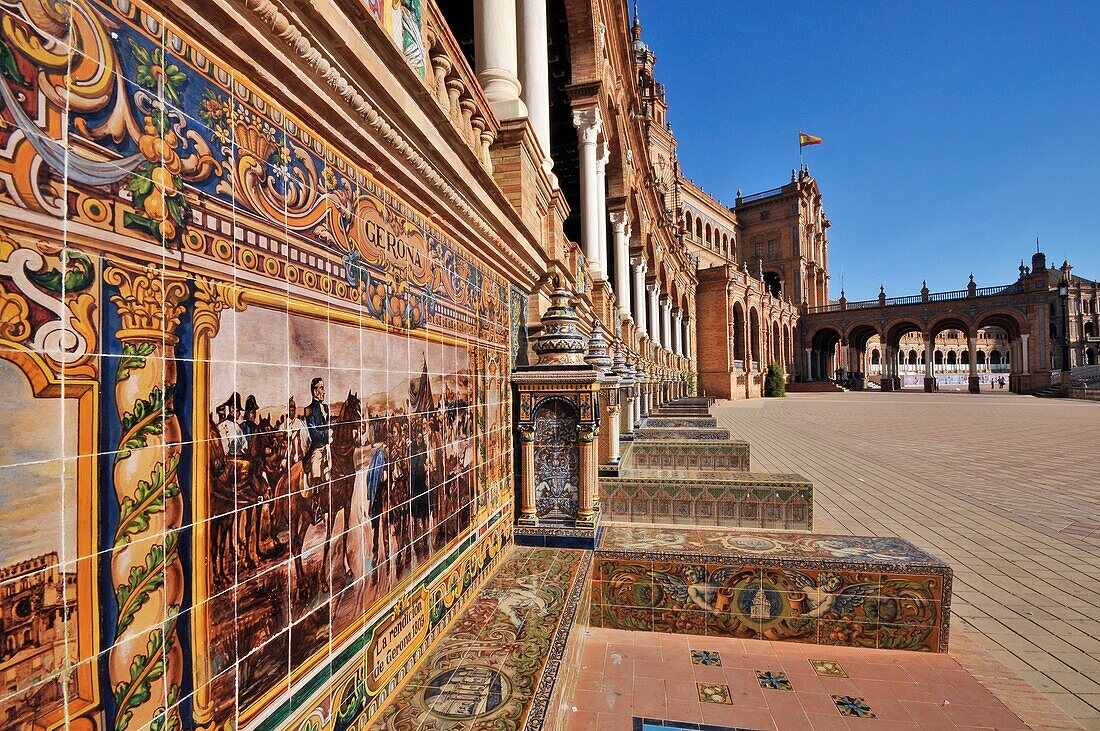 Tiled benches engaged to the provinces of spain, In the image: Girona, Spain square, Plaza de España, Sevilla, Andalucía, Spain, Europe october-2009