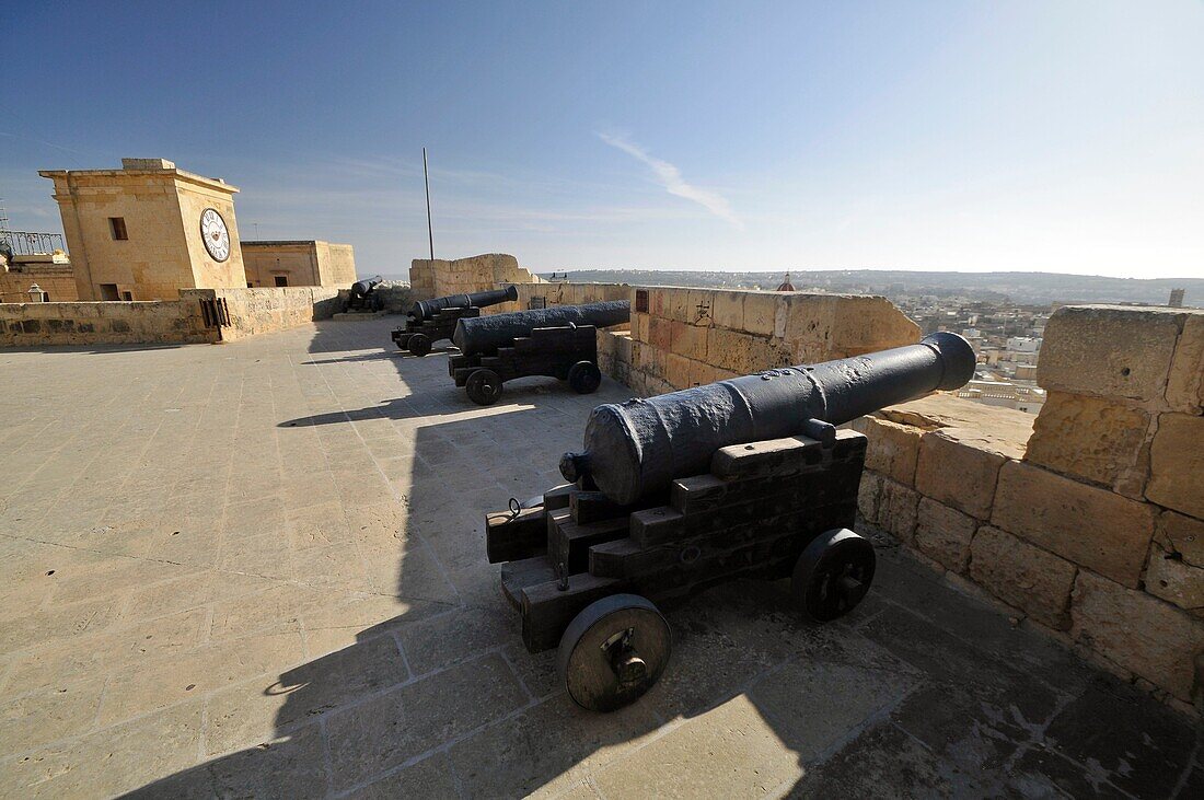 Old cannons in the Citadel, Ic-Cittadella, Victoria Rabat, Gozo island, Malta, Europe, november 2009