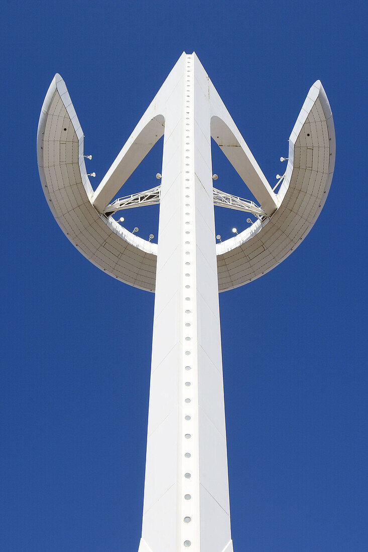 Telecommunications tower by architect Santiago Calatrava, Montjuic, Barcelona. Catalonia, Spain