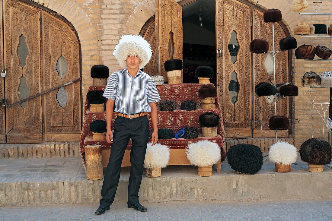Street vendors selling traditional caps, Khiva, Uzbekistan