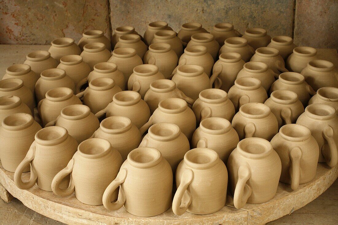 Small pottery coffee cups made using traditional methods in Cerâmica Vieira  Lagoa, Sao Miguel island, Azores, Portugal  These are still drying