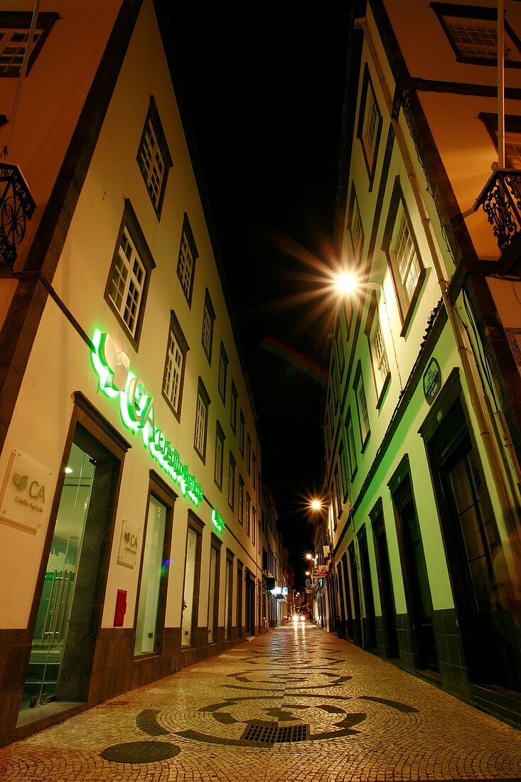 Night photo of narrow street in downtown Ponta Delgada  Azores islands, Portugal