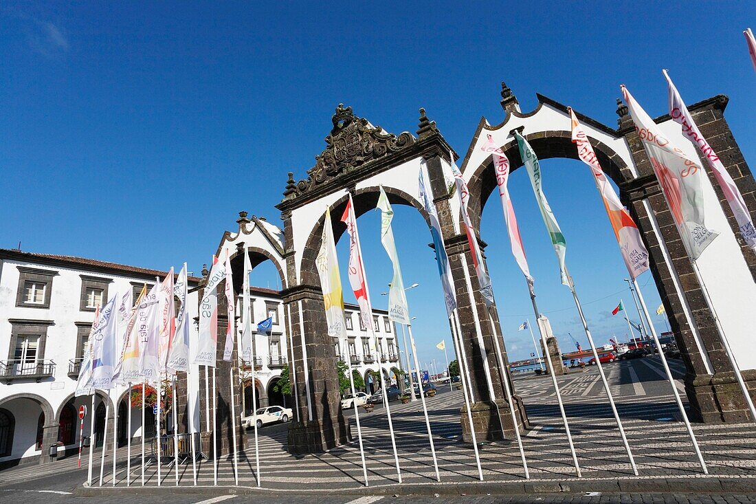 The city gates Portas da Cidade, in downtown Ponta Delgada  Sao Miguel island, Azores, Portugal