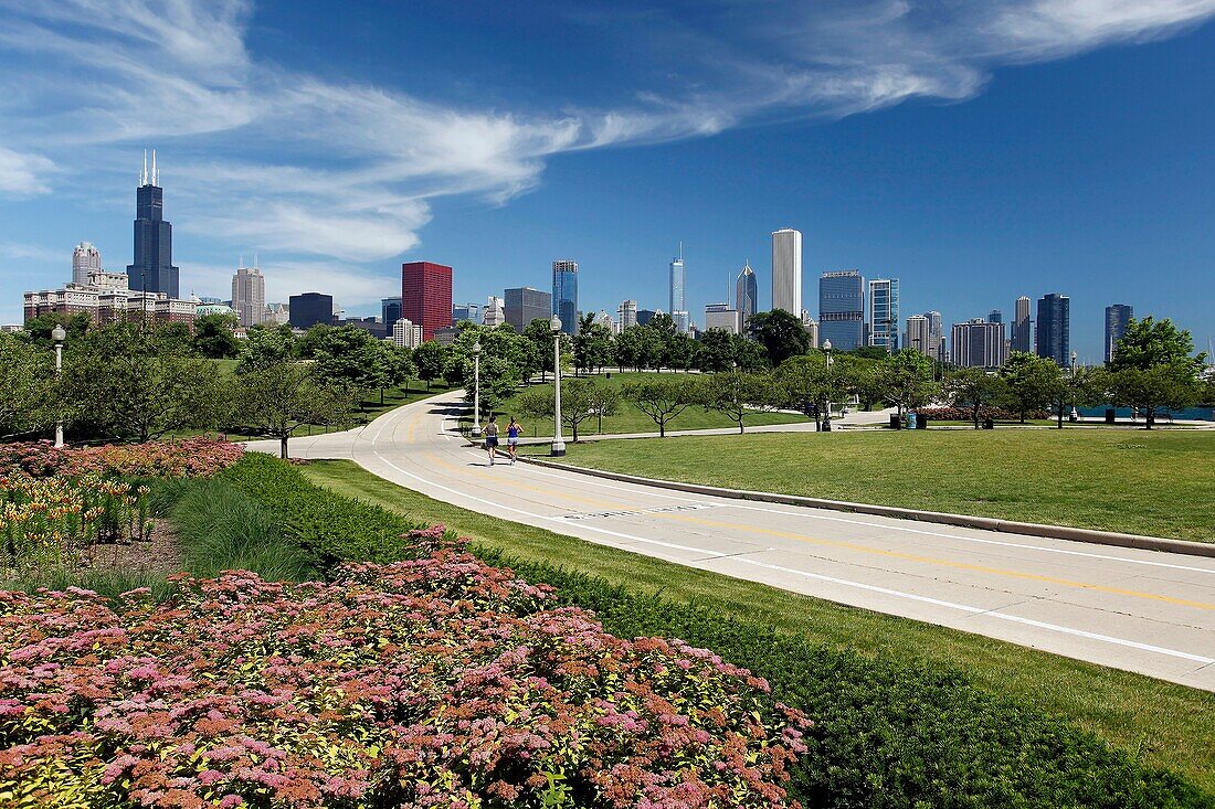 Female joggers running along path with Chicago skyline in distance